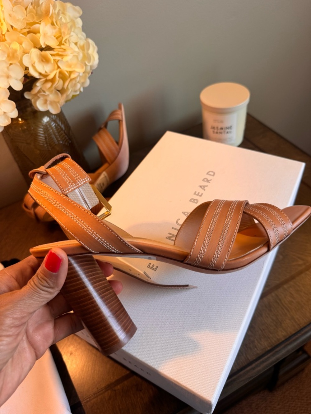 Veronica Beard Tan Leather Block-Heel Sandals with Gold Buckle - Picture 10 of 11